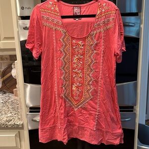 JOHNNY WAS size Large salmon color embroidered tunic top.